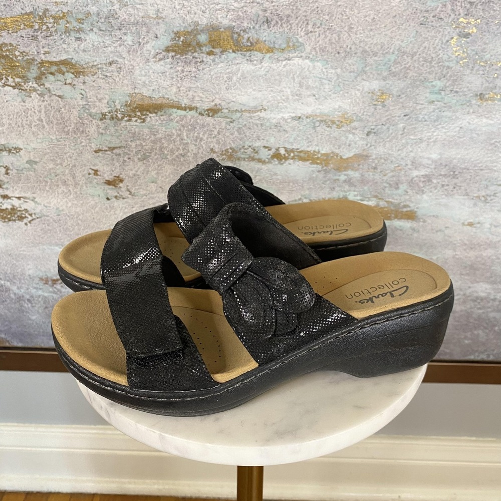 Clarks Sandals Shoes Womens Size 6 Black Wedge Slide Strappy Platform Comfort